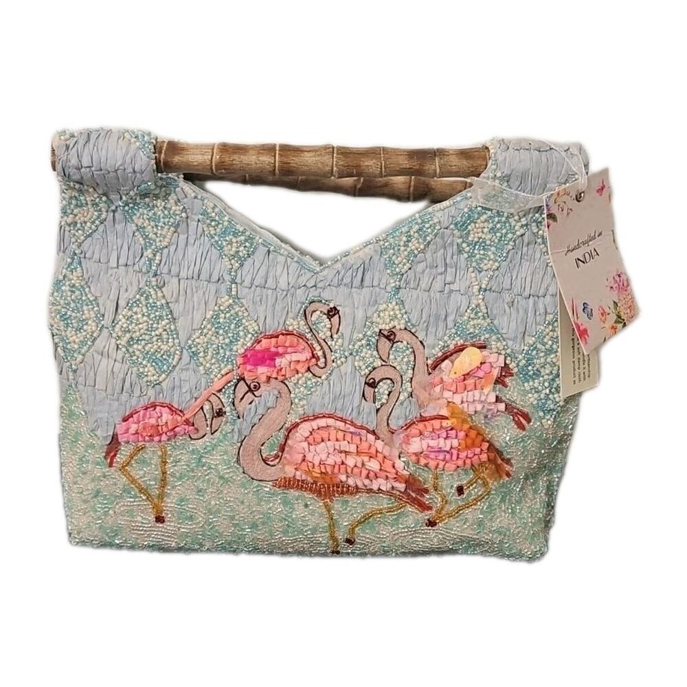 Beaded Purse Handcrafted In India Viral Beaded Blue Pink Flamingos Viral TikTok